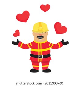 Fireman Floating Hearts Flat Vector Cartoon Illustration 