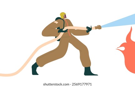 Fireman in the form of extinguishing a fire.  Fireman, fighter in helmet, protecting from emergency. Vector flat illustration isolated on white background.