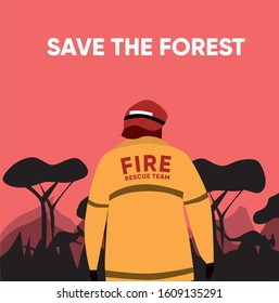 Fireman In Front Of Burning Forest In Australia. Call To Action Poster. Kangaroo, Awareness, Nature. Vector Illustration