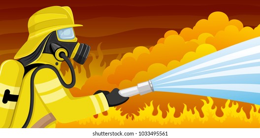 Fireman in a gas mask extinguishes a fire.