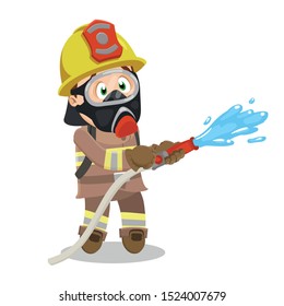 Fireman in gas mask fighting fire with water hose. Professional firefighter in protective costume and hardhat is in emergency situation. Vector cartoon illustration isolated on white background.