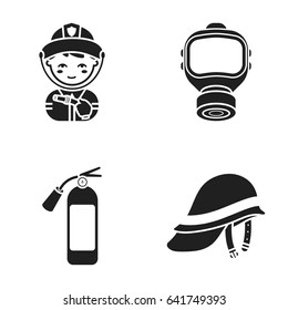 Fireman, gas mask, fire extinguisher, helmet. Fire department set collection icons in black style vector symbol stock illustration web.