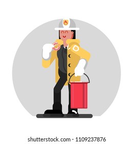 Fireman girl standing with bucket of water. Vector illustration, EPS 10