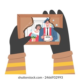 Fireman hands holding burnt family photo and cry. Firefighter seeing pic from his graduation ceremony with grandmother. Character lost his grandma in fire accident. Hand drawn flat vector illustration