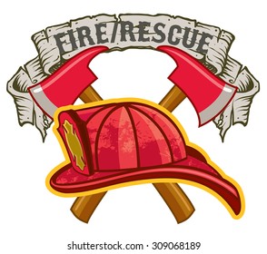 Fireman hat and crossed axes with Fire Rescue Banner symbol