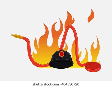 Fireman Hat and Fire Hose Isolated on Fire Vector
