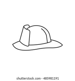 Fireman Hat Icon In Thin Outline Style. Helmet Fire Department Fighter Service Equipment