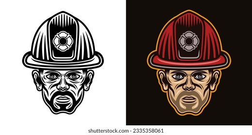 Fireman head in firefighter helmet character  vector illustration, two styles black and white and colorful