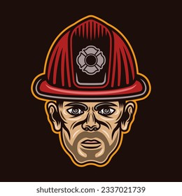 Fireman head in firefighter helmet character vector illustration in colored style isolated on dark background