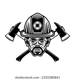 Fireman head in firefighter helmet and two crossed axes character vector illustration in monochrome style isolated on white background