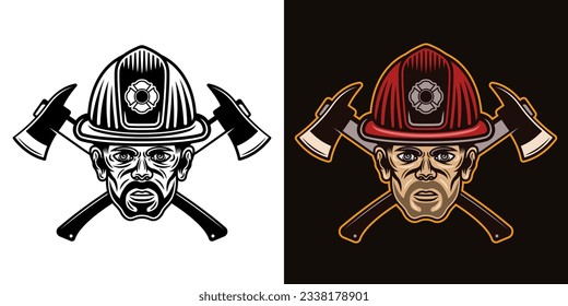 Fireman head in firefighter helmet and two crossed axes character vector illustration, two styles white and black and colored