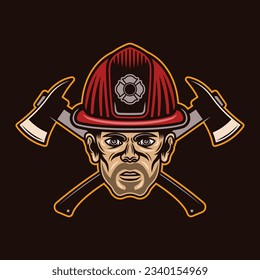 Fireman head in firefighter helmet and two crossed axes character vector illustration in colored style isolated on dark background