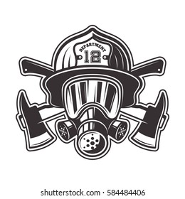 Fireman head in helmet, gas mask and two crossed axes vector illustration in monochrome style isolated on white background