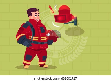 Fireman Hear Alarm Wearing Uniform Hold Helmet Ready Fire Fighter Stand Over Brick Background Flat Vector Illustration