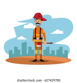 fireman helmet ax uniform cityscape labor day