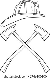 Fireman Helmet With Crossed Fire Axe Line Drawing Black and White