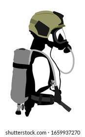 Fireman with helmet gas mask, protect glasses, bottle with oxygen vector isolated. Fire fighter protective gear. Bio hazard equipment against air contamination. Lifeguard rescue activity
 Nuclear war 
