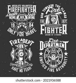 Fireman helmet and gasmask, water hydrant t-shirt retro prints. Fire department, emergency service volunteer apparel custom print with firefighter helmet, breathing apparatus and vintage typography