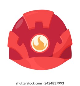 Fireman helmet icon, front view. Hat of firefighter with metal emblemsor logo. Red fireman cup, uniform headwear. Vector illustration isolated on white