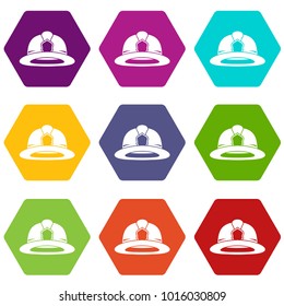 Fireman helmet icon set many color hexahedron isolated on white vector illustration