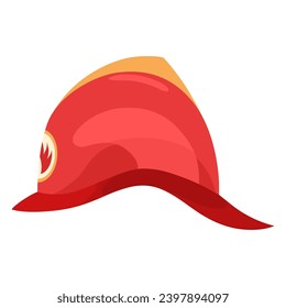 Fireman helmet icon, side view. Hat of firefighter with metal emblemsor logo. Red fireman cup, uniform headwear. Vector illustration isolated on white