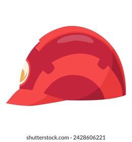 Fireman helmet icon, side view. Hat of firefighter with metal emblemsor logo. Red fireman cup, uniform headwear. Vector illustration isolated on white