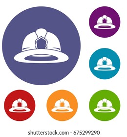Fireman helmet icons set in flat circle reb, blue and green color for web