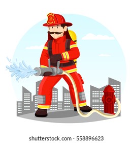 Fireman in helmet near hydrant spraying water. Rescue man in uniform and helmet at front of town or city. Person with extinguisher, hero character with hose. Occupation and alarm, firefight theme