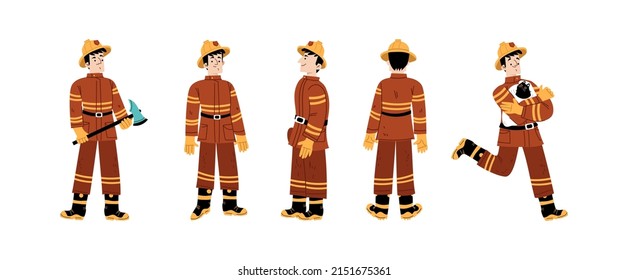 Fireman in helmet and red protection costume with axe in front, side and back view. Vector flat illustration of professional firefighter man rescues cat isolated on white background