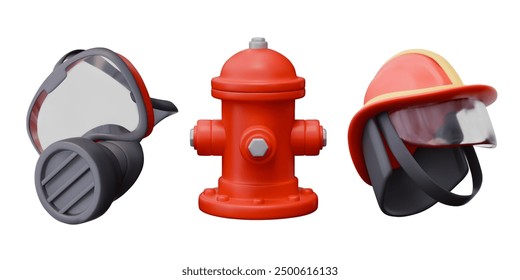 Fireman helmet, respirator with protective shield, red fire hydrant