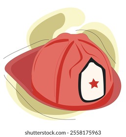 Fireman helmet side view vector illustration.Hat of firefighter with metal emblem, red fireman cup,