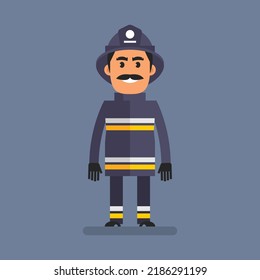 Fireman in helmet stands and smiles. Flat people. Vector Illustration