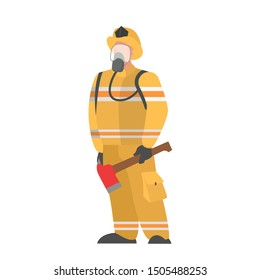 Fireman in the helmet and uniform. Emergency occupation. Protection and rescue. Firefighter standing. Isolated flat vector illustration