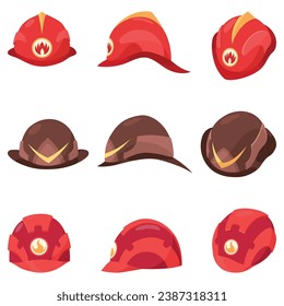 Fireman Helme Icon mit Front- und Seitenansicht gesetzt. Feuerwehrhaufen mit Metallmarken oder -logo, rote und braune Feuerwehrmäntel, einheitliche Kopfbekleidung. Vektorgrafiken einzeln auf Weiß