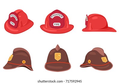Fireman helmets set side front and back view vector illustrations isolated on white. Hats of firefighter with metal emblems, red and brown fireman cups, uniform headwear