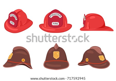 Fireman helmets set side front and back view vector illustrations isolated on white. Hats of firefighter with metal emblems, red and brown fireman cups, uniform headwear Stock foto © 