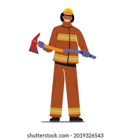 Fireman Holding Axe. Brave Fire Man With Special Equipment For Fighting With Blaze And Breaking Barriers. Character In Firefighters Uniform And Hat, Dangerous Profession. Cartoon Vector Illustration