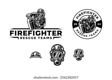 fireman holding fire extinguisher character mascot outline logo design. firefighter with safety helmet, face mask, fire extinguisher badge logo design set. for rescuer worker, adventure, survivor 