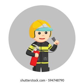fireman holding fire extinguisher in circle background