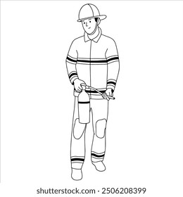 fireman holding fire extinguisher handdrawn illustration