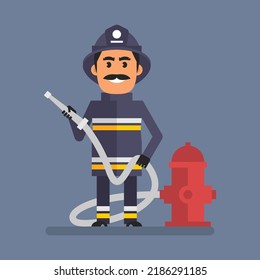 Fireman holding fire hose and smiling. Flat people. Vector Illustration