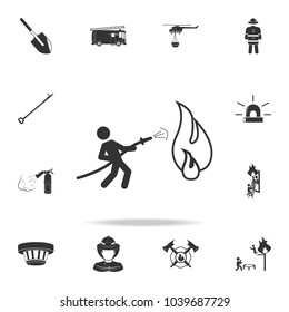 Fireman holding hose extinguishing fire with water icon. Detailed set icons of firefighter element icons. Premium quality graphic design. One of the collection icons for websites on white background