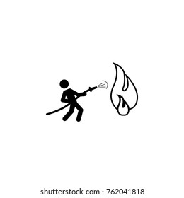 Fireman holding hose extinguishing fire with water icon on white background