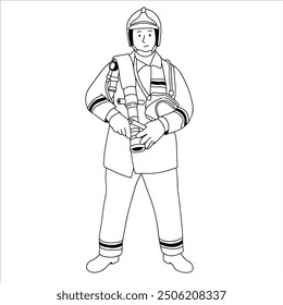 Fireman holding hose handdrawn illustration