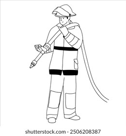 Fireman holding hose handdrawn illustration