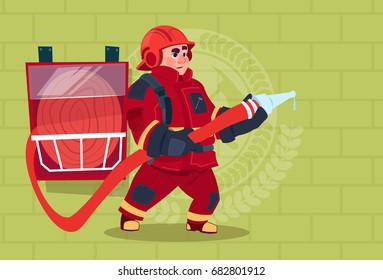 Fireman Holding Hose Wearing Uniform And Helmet Adult Fire Fighter Over Brick Background Flat Vector Illustration