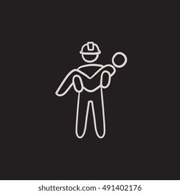 Fireman holding person on hands vector sketch icon isolated on background. Hand drawn Fireman holding person on hands icon. Fireman holding person on hands sketch icon for infographic, website or app.