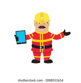 Fireman Holding Tablet Flat Vector Cartoon Illustration 013
