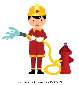 The fireman is holding the water fire extinguisher.