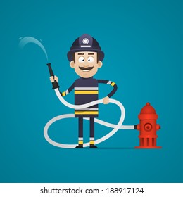 Fireman holds fire hose and smiling